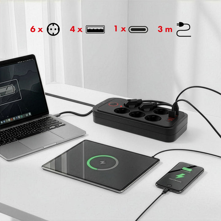 Maclean strømskinne, forlængerledning med 6 stik + 4xUSB, 110-240V AC 50/60Hz, 2,1A max 2500W, 3m, sort, MCE391 B