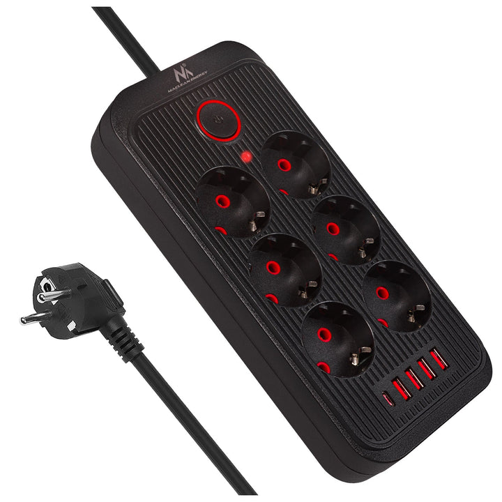 Maclean strømskinne, forlængerledning med 6 stik + 4xUSB, 110-240V AC 50/60Hz, 2,1A max 2500W, 3m, sort, MCE391 B