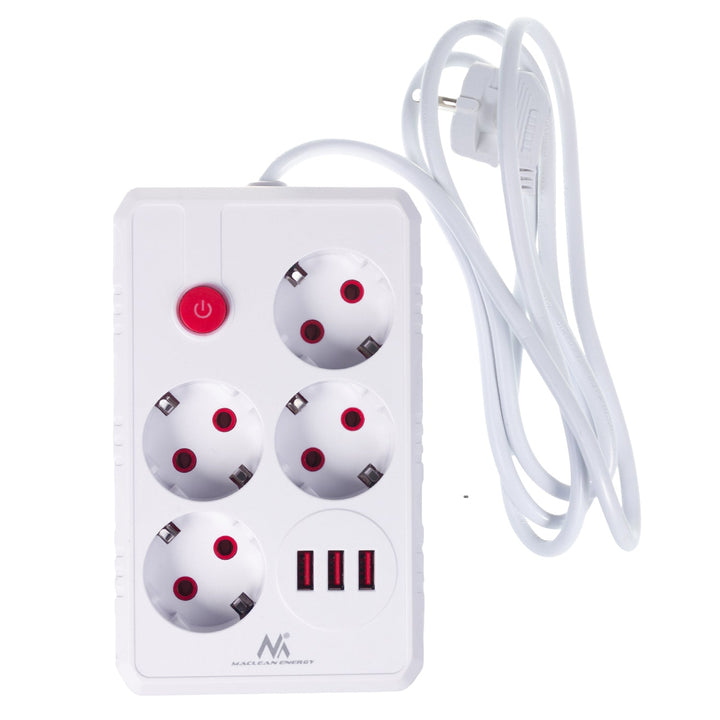 Maclean strømskinne, forlængerledning med 4 stik + 3xUSB, 110-240V AC 50/60Hz, 2,1A max 2500W, 1,5m, hvid, MCE392 W