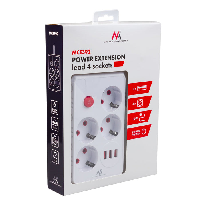 Maclean strømskinne, forlængerledning med 4 stik + 3xUSB, 110-240V AC 50/60Hz, 2,1A max 2500W, 1,5m, hvid, MCE392 W