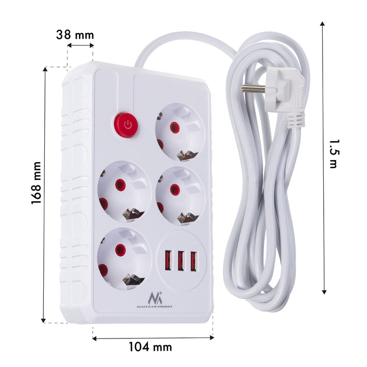 Maclean strømskinne, forlængerledning med 4 stik + 3xUSB, 110-240V AC 50/60Hz, 2,1A max 2500W, 1,5m, hvid, MCE392 W