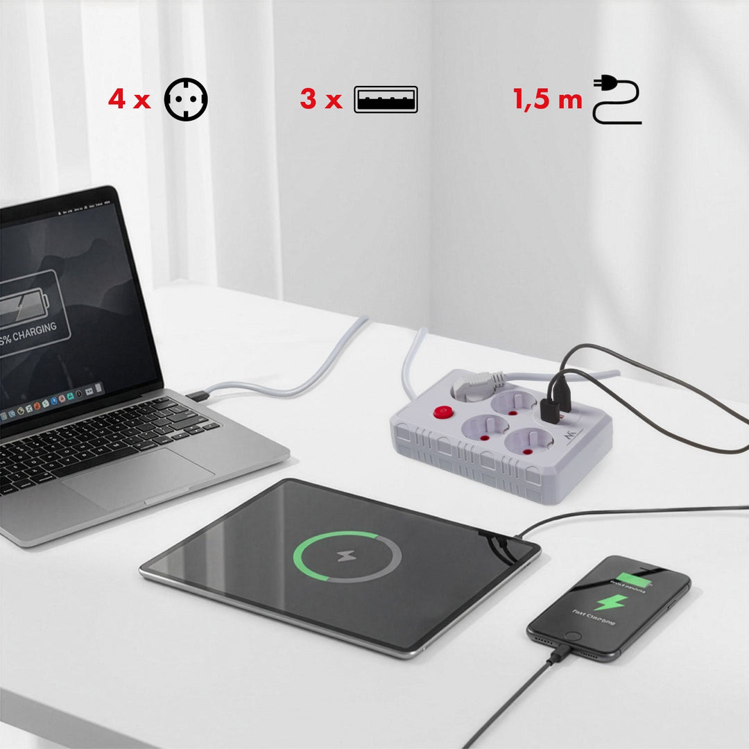 Maclean strømskinne, forlængerledning med 4 stik + 3xUSB, 110-240V AC 50/60Hz, 2,1A max 2500W, 1,5m, hvid, MCE392 W