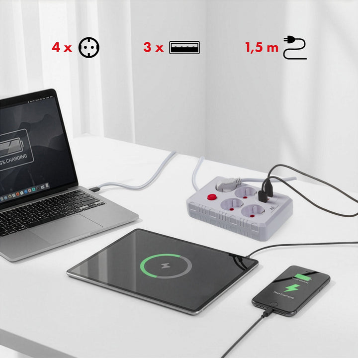 Maclean strømskinne, forlængerledning med 4 stik + 3xUSB, 110-240V AC 50/60Hz, 2,1A max 2500W, 1,5m, hvid, MCE392 W