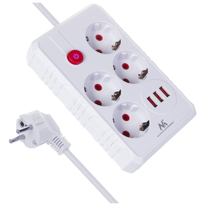 Maclean strømskinne, forlængerledning med 4 stik + 3xUSB, 110-240V AC 50/60Hz, 2,1A max 2500W, 1,5m, hvid, MCE392 W