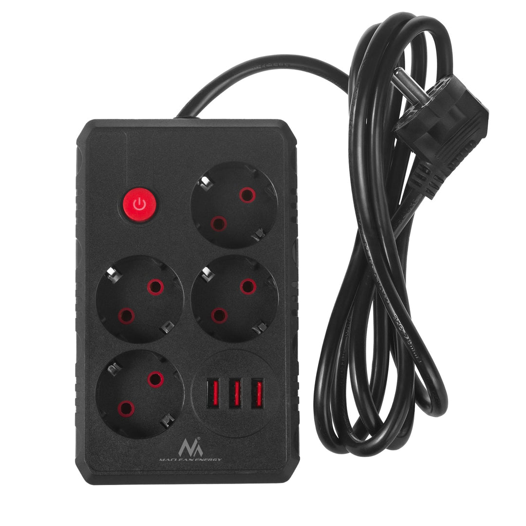 Maclean strømskinne, forlængerledning med 4 stik + 3xUSB, 110-240V AC 50/60Hz, 2,1A max 2500W, 1,5m, sort, MCE392 B