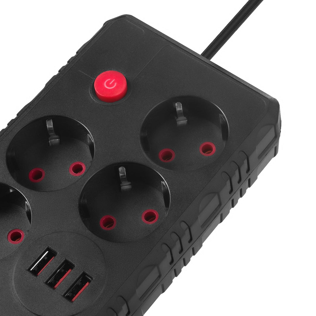 Maclean strømskinne, forlængerledning med 4 stik + 3xUSB, 110-240V AC 50/60Hz, 2,1A max 2500W, 1,5m, sort, MCE392 B