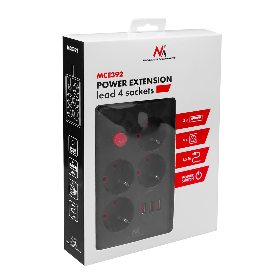 Maclean strømskinne, forlængerledning med 4 stik + 3xUSB, 110-240V AC 50/60Hz, 2,1A max 2500W, 1,5m, sort, MCE392 B
