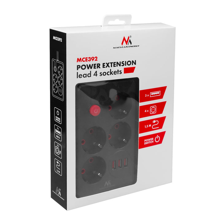 Maclean strømskinne, forlængerledning med 4 stik + 3xUSB, 110-240V AC 50/60Hz, 2,1A max 2500W, 1,5m, sort, MCE392 B