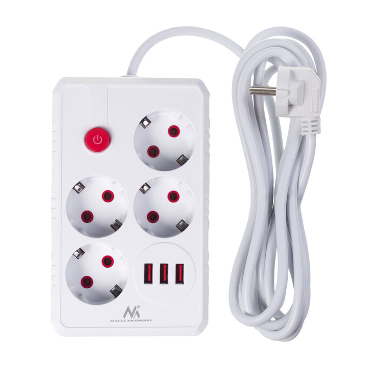 Maclean strømskinne, forlængerledning med 4 stik + 3xUSB, 110-240V AC 50/60Hz, 2,1A max 2500W, 3m, hvid, MCE393 W