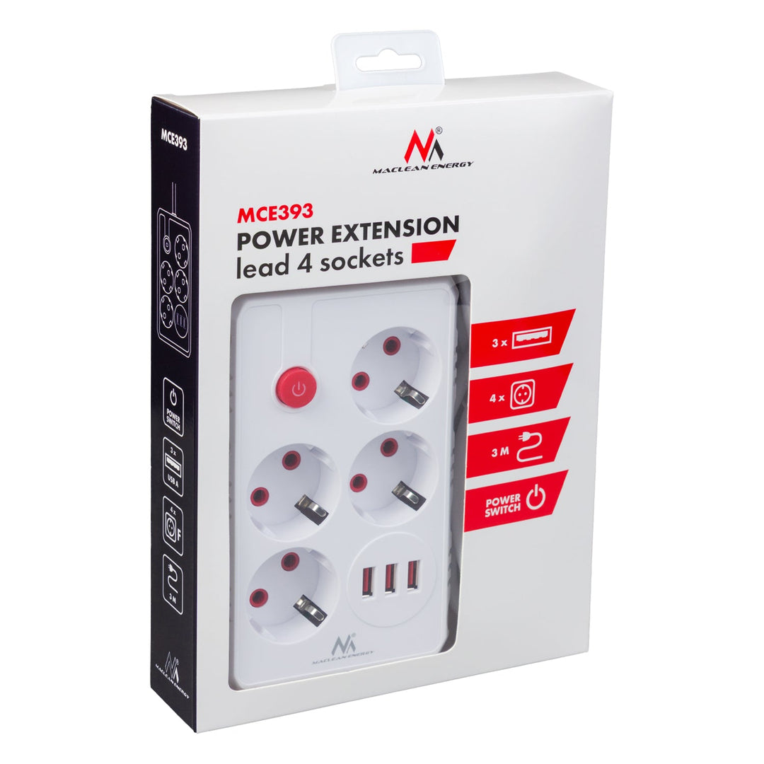 Maclean strømskinne, forlængerledning med 4 stik + 3xUSB, 110-240V AC 50/60Hz, 2,1A max 2500W, 3m, hvid, MCE393 W