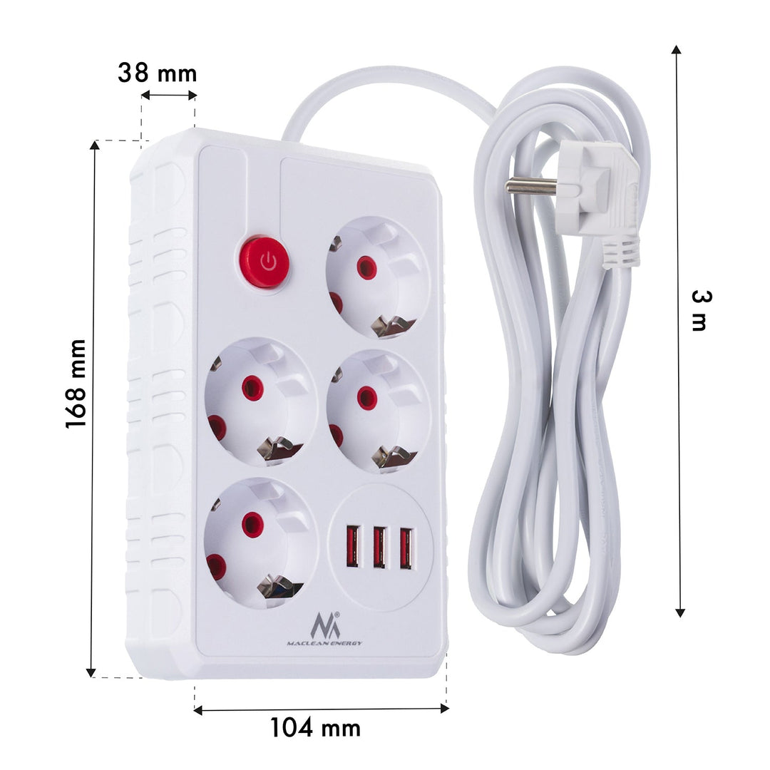 Maclean strømskinne, forlængerledning med 4 stik + 3xUSB, 110-240V AC 50/60Hz, 2,1A max 2500W, 3m, hvid, MCE393 W