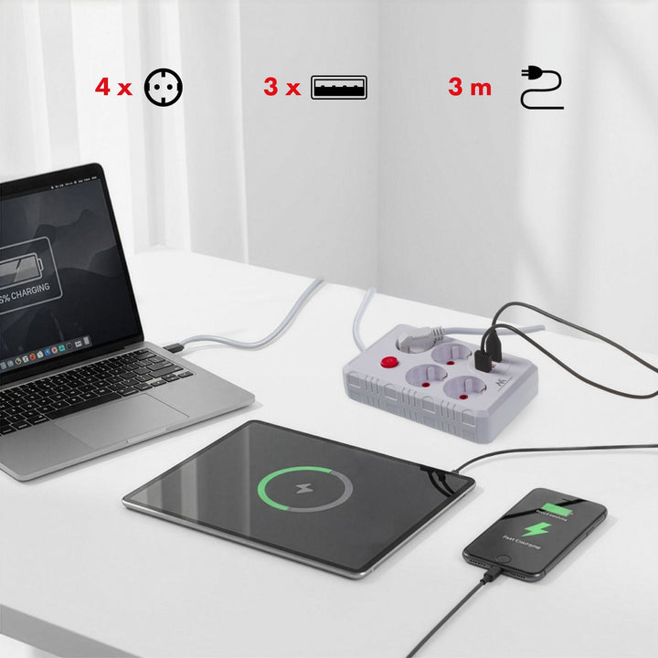 Maclean strømskinne, forlængerledning med 4 stik + 3xUSB, 110-240V AC 50/60Hz, 2,1A max 2500W, 3m, hvid, MCE393 W