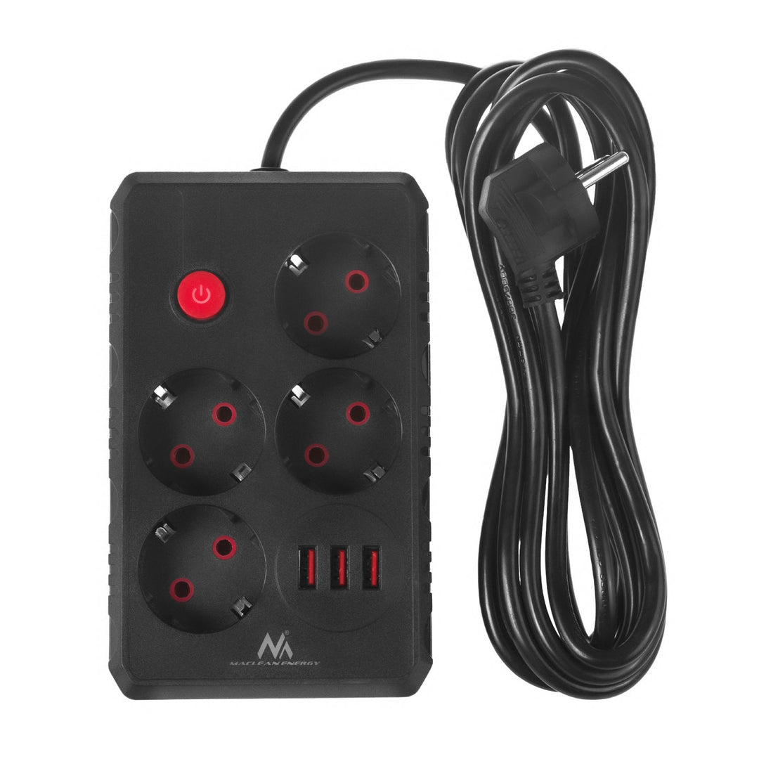 Maclean strømskinne, forlængerledning med 4 stik + 3xUSB, 110-240V AC 50/60Hz, 2,1A max 2500W, 3m, sort, MCE393 B
