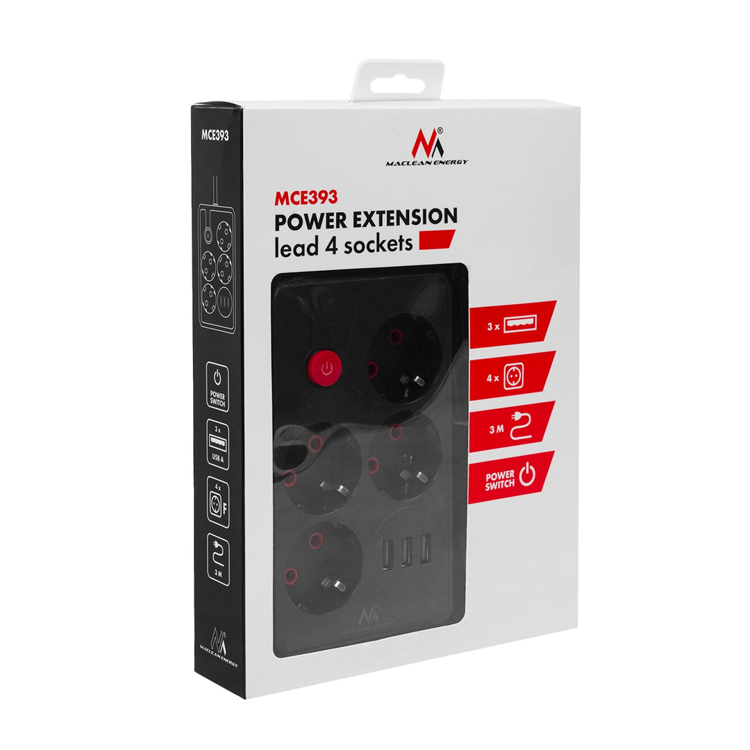 Maclean strømskinne, forlængerledning med 4 stik + 3xUSB, 110-240V AC 50/60Hz, 2,1A max 2500W, 3m, sort, MCE393 B