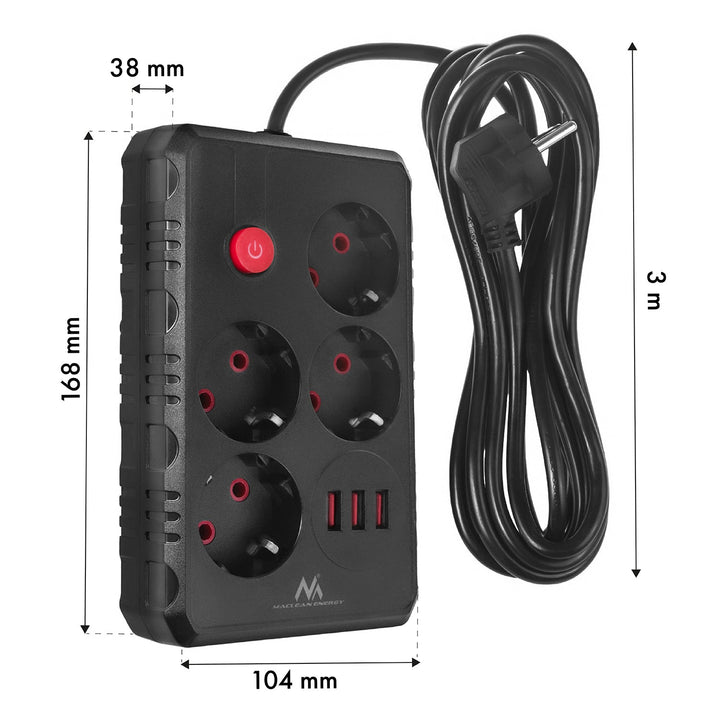 Maclean strømskinne, forlængerledning med 4 stik + 3xUSB, 110-240V AC 50/60Hz, 2,1A max 2500W, 3m, sort, MCE393 B