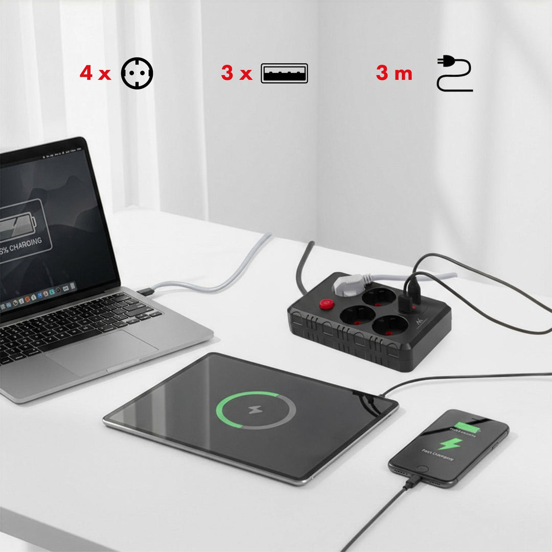 Maclean strømskinne, forlængerledning med 4 stik + 3xUSB, 110-240V AC 50/60Hz, 2,1A max 2500W, 3m, sort, MCE393 B