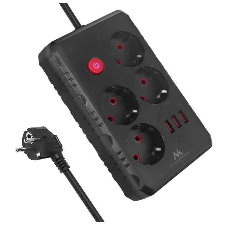 Maclean strømskinne, forlængerledning med 4 stik + 3xUSB, 110-240V AC 50/60Hz, 2,1A max 2500W, 3m, sort, MCE393 B