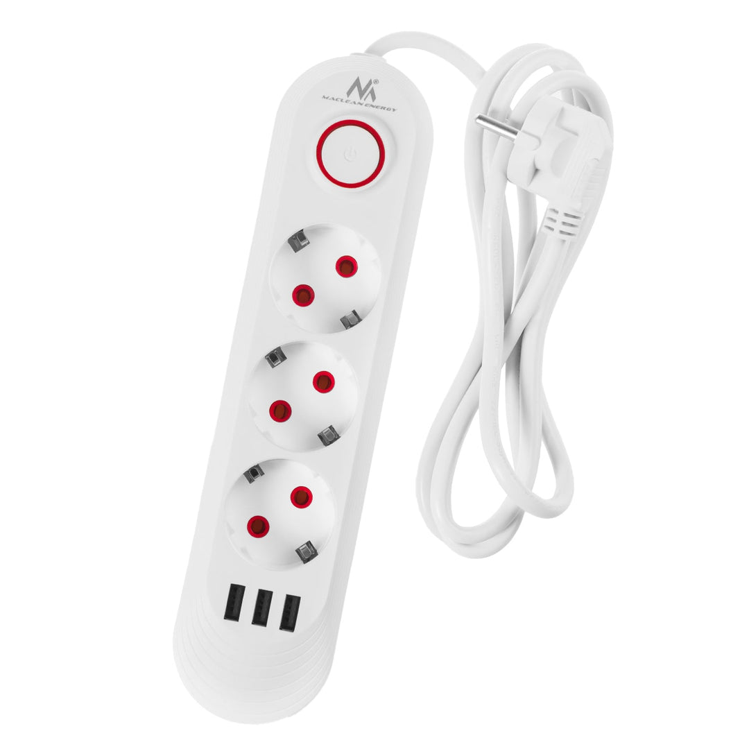 Maclean strømskinne, forlængerledning med 3 stik + 3xUSB, 110-240V AC 50/60Hz, 2,1A max 2500W, 1,5m, hvid, MCE394 W