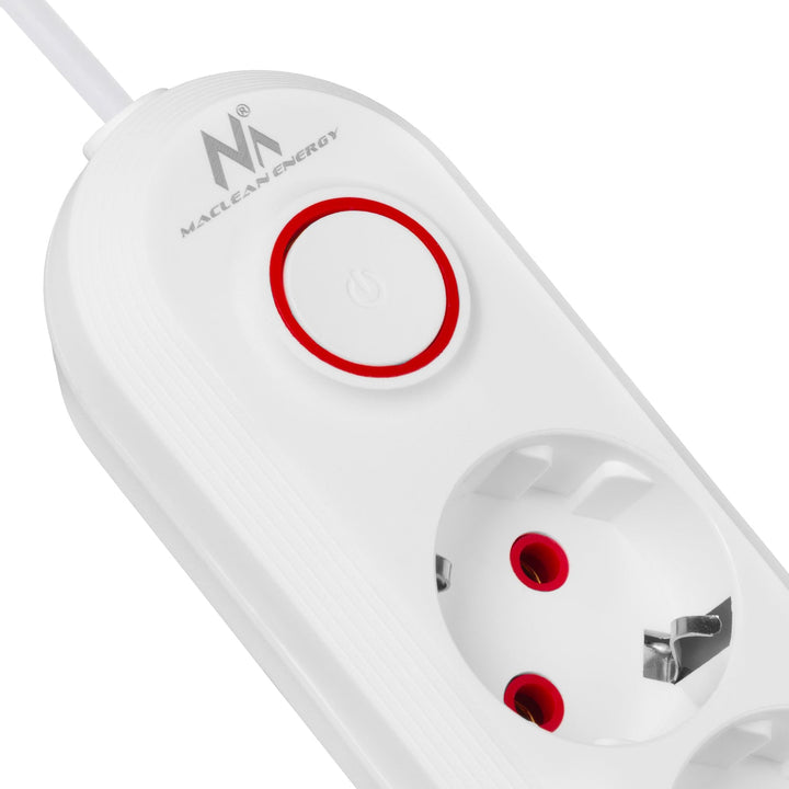 Maclean strømskinne, forlængerledning med 3 stik + 3xUSB, 110-240V AC 50/60Hz, 2,1A max 2500W, 1,5m, hvid, MCE394 W