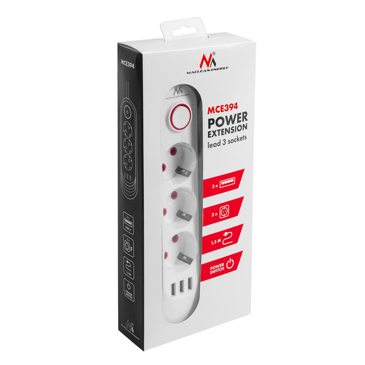 Maclean strømskinne, forlængerledning med 3 stik + 3xUSB, 110-240V AC 50/60Hz, 2,1A max 2500W, 1,5m, hvid, MCE394 W