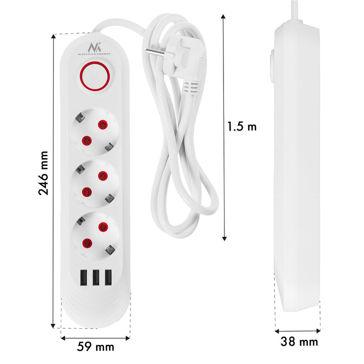 Maclean strømskinne, forlængerledning med 3 stik + 3xUSB, 110-240V AC 50/60Hz, 2,1A max 2500W, 1,5m, hvid, MCE394 W