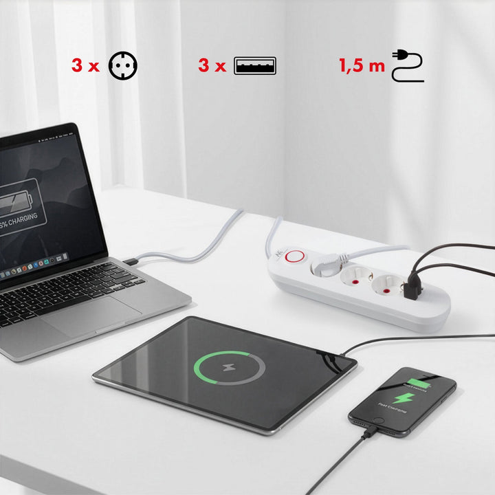 Maclean strømskinne, forlængerledning med 3 stik + 3xUSB, 110-240V AC 50/60Hz, 2,1A max 2500W, 1,5m, hvid, MCE394 W