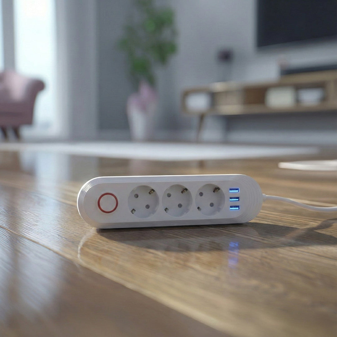 Maclean strømskinne, forlængerledning med 3 stik + 3xUSB, 110-240V AC 50/60Hz, 2,1A max 2500W, 1,5m, hvid, MCE394 W