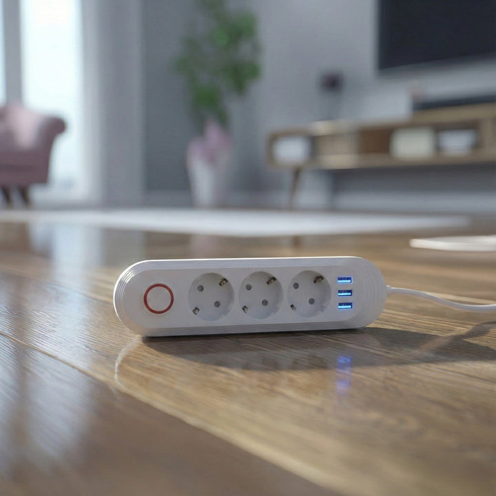 Maclean strømskinne, forlængerledning med 3 stik + 3xUSB, 110-240V AC 50/60Hz, 2,1A max 2500W, 1,5m, hvid, MCE394 W