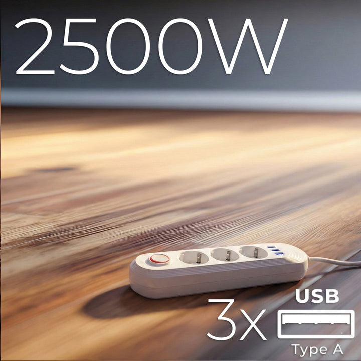 Maclean strømskinne, forlængerledning med 3 stik + 3xUSB, 110-240V AC 50/60Hz, 2,1A max 2500W, 1,5m, hvid, MCE394 W