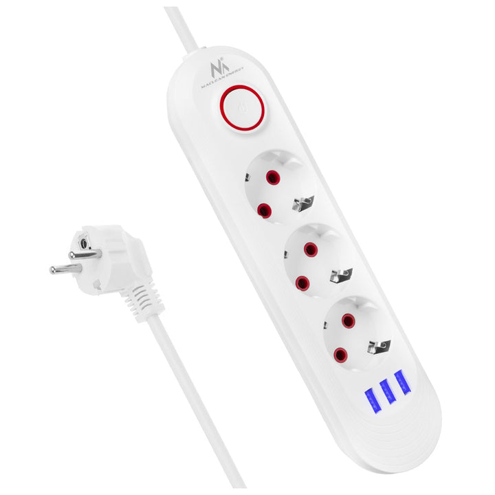 Maclean strømskinne, forlængerledning med 3 stik + 3xUSB, 110-240V AC 50/60Hz, 2,1A max 2500W, 1,5m, hvid, MCE394 W