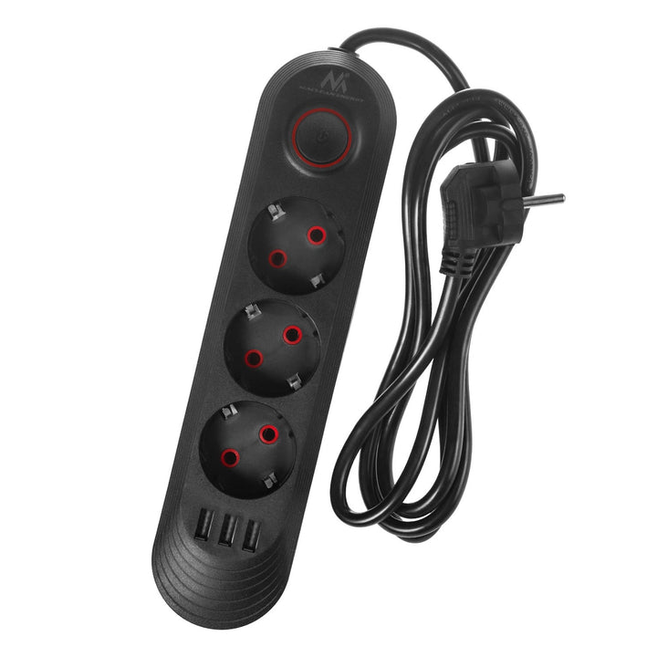 Maclean strømskinne, forlængerledning med 3 stik + 3xUSB, 110-240V AC 50/60Hz, 2,1A max 2500W, 1,5m, sort, MCE394 B