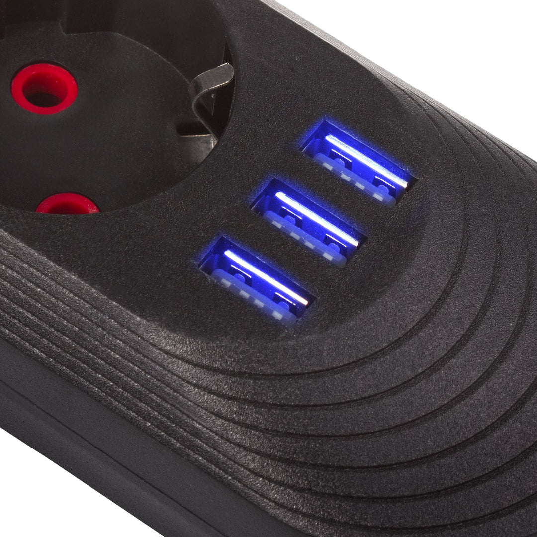 Maclean strømskinne, forlængerledning med 3 stik + 3xUSB, 110-240V AC 50/60Hz, 2,1A max 2500W, 1,5m, sort, MCE394 B