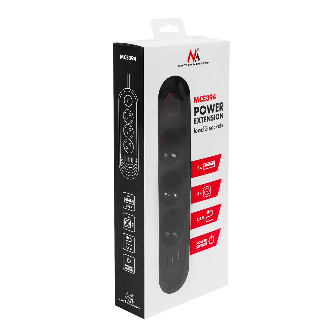 Maclean strømskinne, forlængerledning med 3 stik + 3xUSB, 110-240V AC 50/60Hz, 2,1A max 2500W, 1,5m, sort, MCE394 B