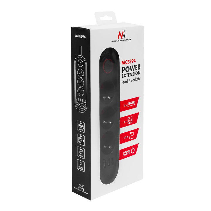 Maclean strømskinne, forlængerledning med 3 stik + 3xUSB, 110-240V AC 50/60Hz, 2,1A max 2500W, 1,5m, sort, MCE394 B