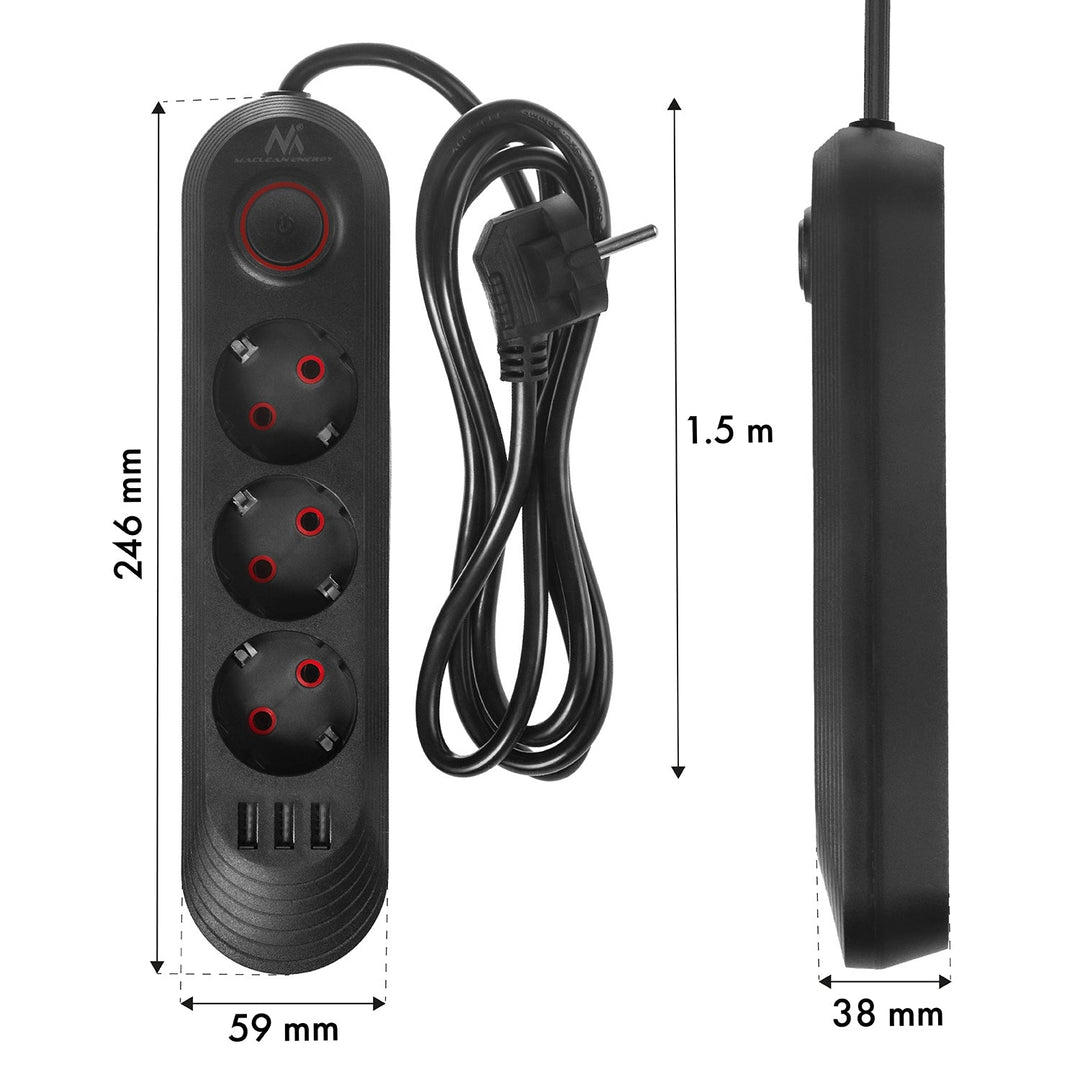 Maclean strømskinne, forlængerledning med 3 stik + 3xUSB, 110-240V AC 50/60Hz, 2,1A max 2500W, 1,5m, sort, MCE394 B