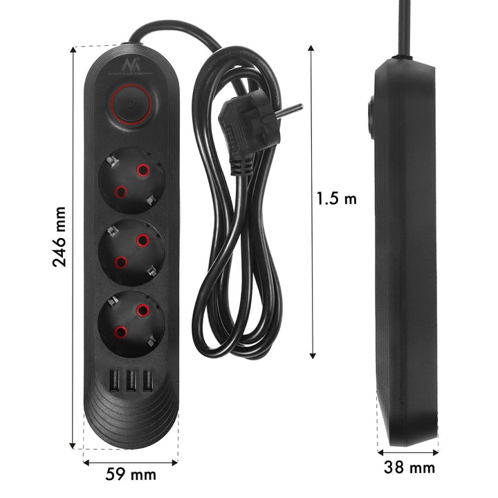 Maclean strømskinne, forlængerledning med 3 stik + 3xUSB, 110-240V AC 50/60Hz, 2,1A max 2500W, 1,5m, sort, MCE394 B