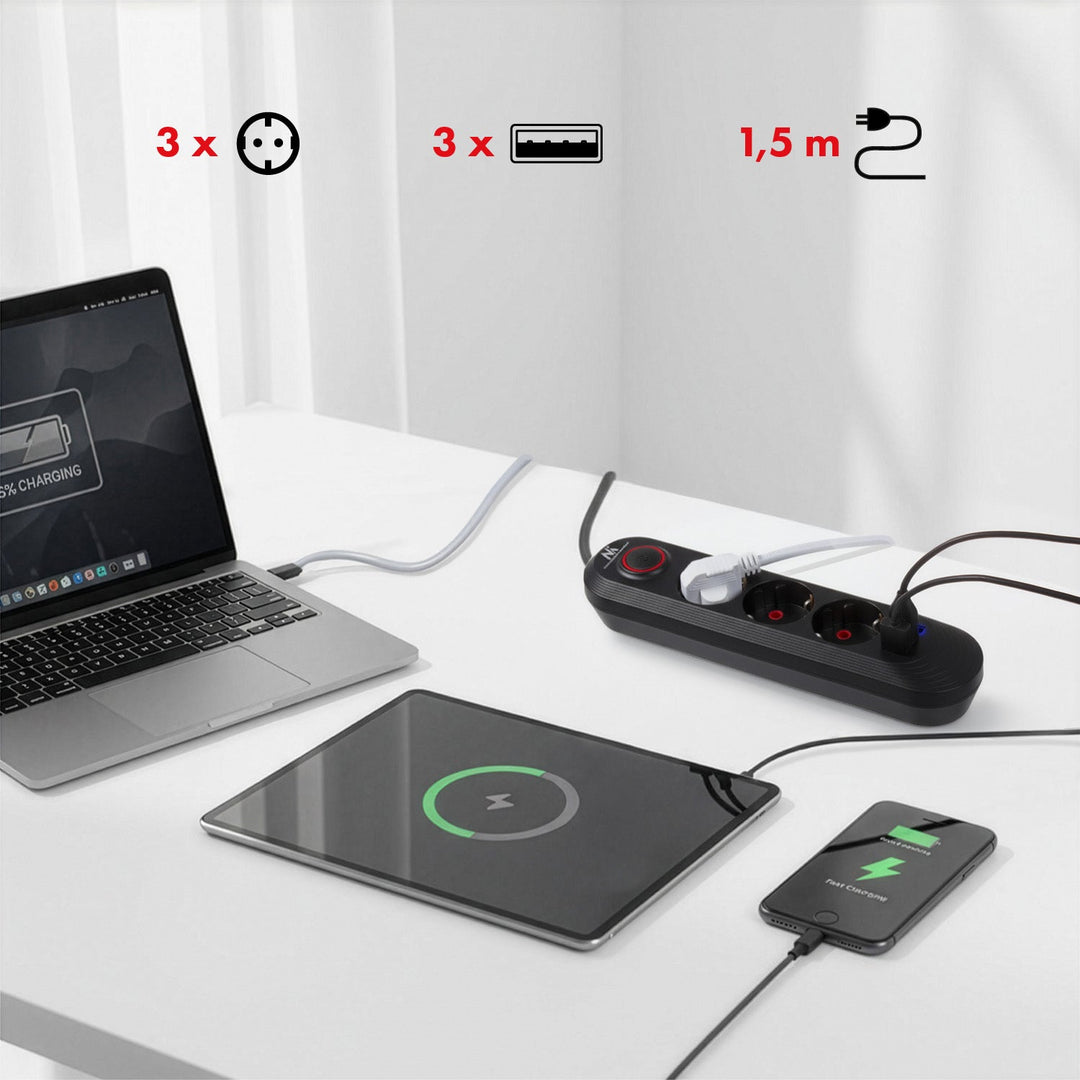 Maclean strømskinne, forlængerledning med 3 stik + 3xUSB, 110-240V AC 50/60Hz, 2,1A max 2500W, 1,5m, sort, MCE394 B