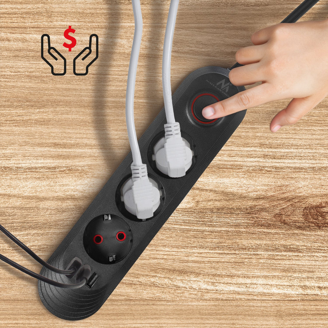 Maclean strømskinne, forlængerledning med 3 stik + 3xUSB, 110-240V AC 50/60Hz, 2,1A max 2500W, 1,5m, sort, MCE394 B