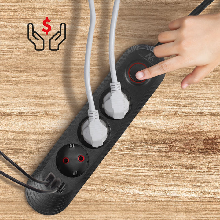Maclean strømskinne, forlængerledning med 3 stik + 3xUSB, 110-240V AC 50/60Hz, 2,1A max 2500W, 1,5m, sort, MCE394 B