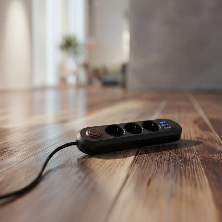 Maclean strømskinne, forlængerledning med 3 stik + 3xUSB, 110-240V AC 50/60Hz, 2,1A max 2500W, 1,5m, sort, MCE394 B