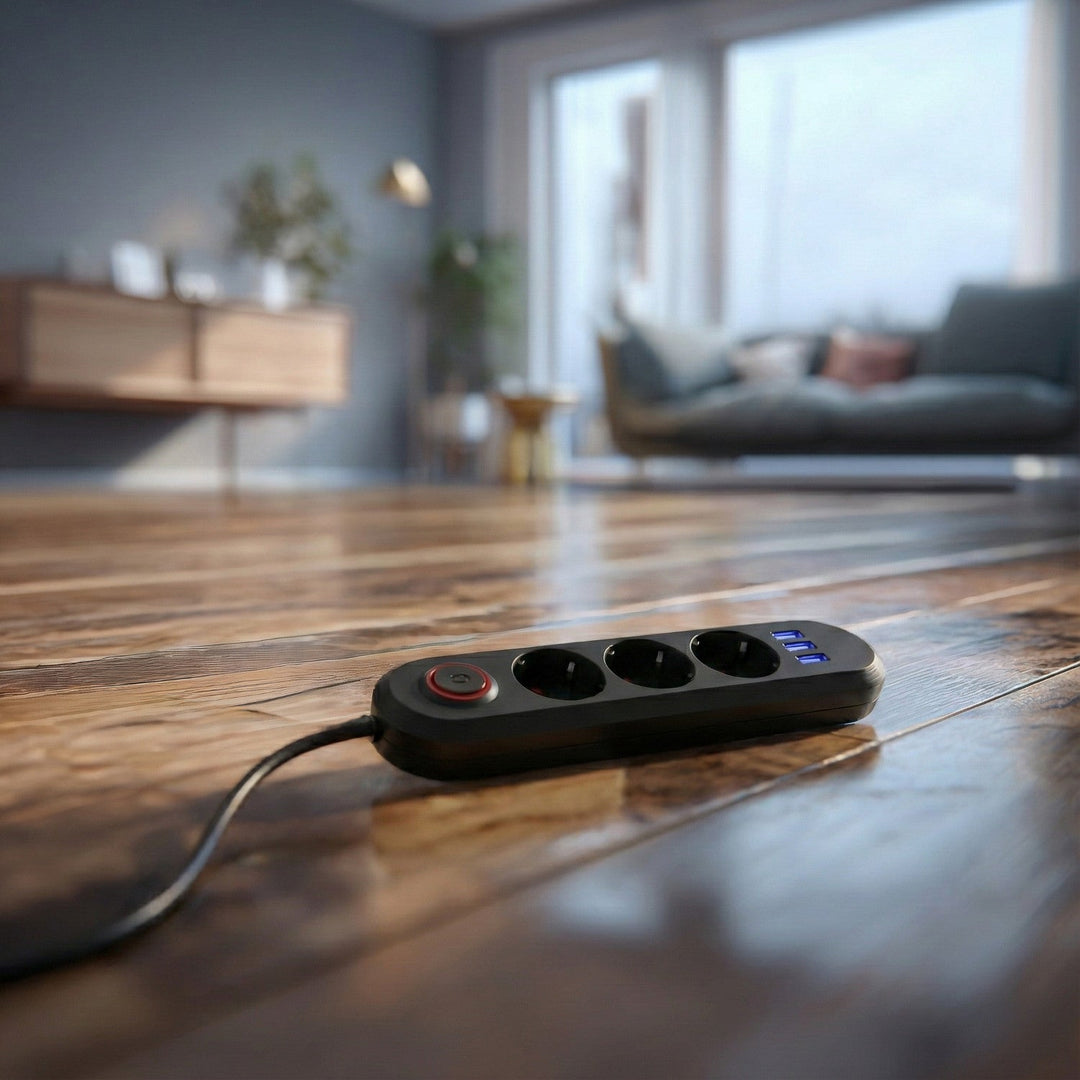 Maclean strømskinne, forlængerledning med 3 stik + 3xUSB, 110-240V AC 50/60Hz, 2,1A max 2500W, 1,5m, sort, MCE394 B