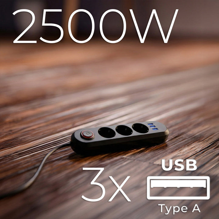 Maclean strømskinne, forlængerledning med 3 stik + 3xUSB, 110-240V AC 50/60Hz, 2,1A max 2500W, 1,5m, sort, MCE394 B