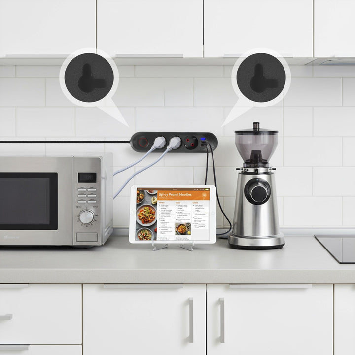 Maclean strømskinne, forlængerledning med 3 stik + 3xUSB, 110-240V AC 50/60Hz, 2,1A max 2500W, 1,5m, sort, MCE394 B