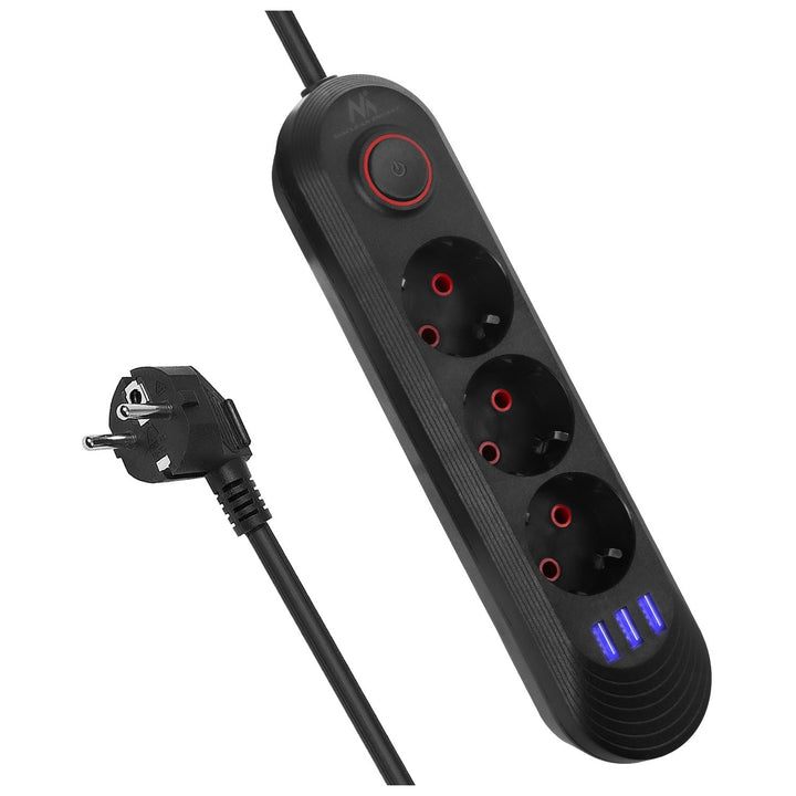 Maclean strømskinne, forlængerledning med 3 stik + 3xUSB, 110-240V AC 50/60Hz, 2,1A max 2500W, 1,5m, sort, MCE394 B