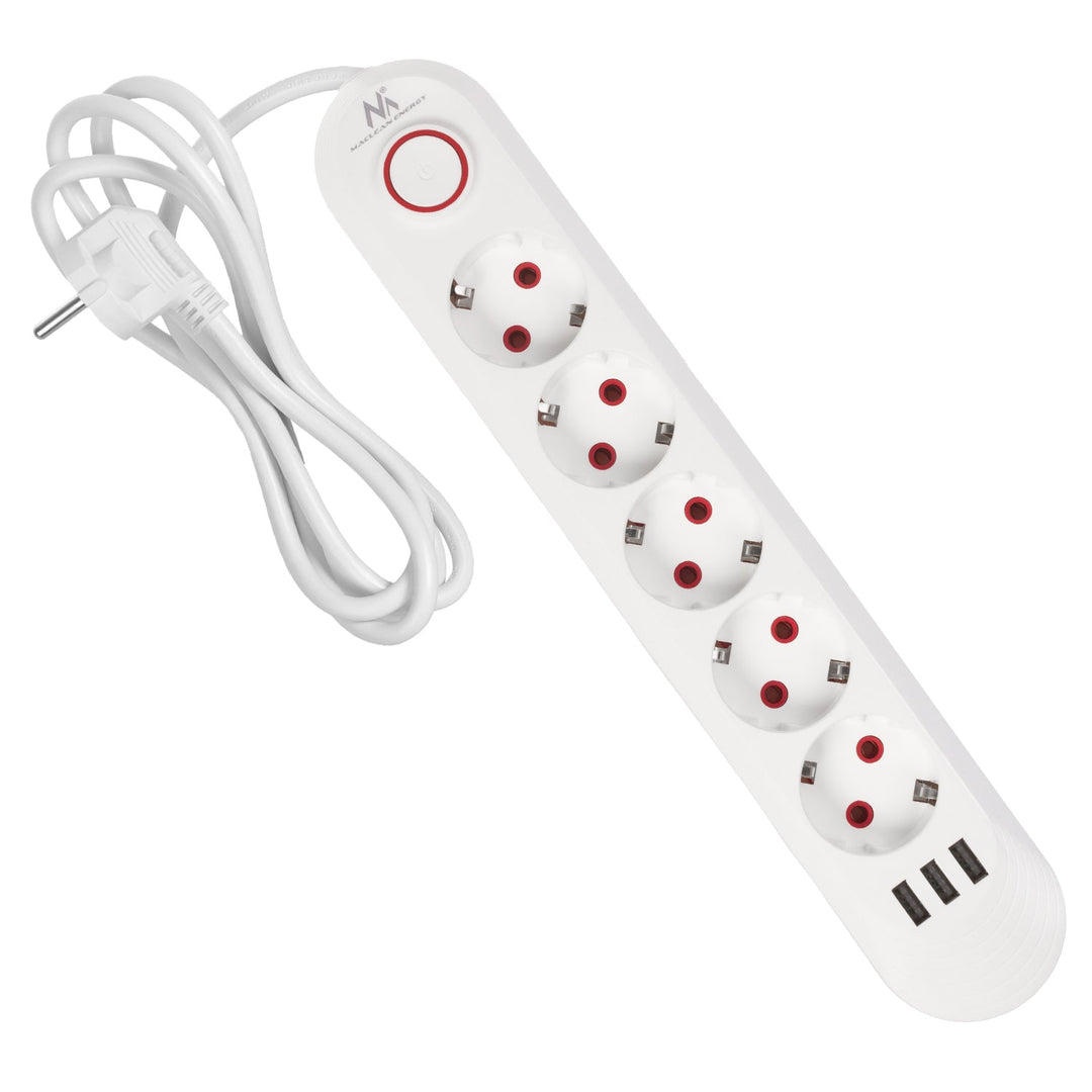 Maclean strømskinne, forlængerledning med 5 stik + 3xUSB, 110-240V AC 50/60Hz, 2,1A max 2500W, 1,5m, hvid, MCE395 W