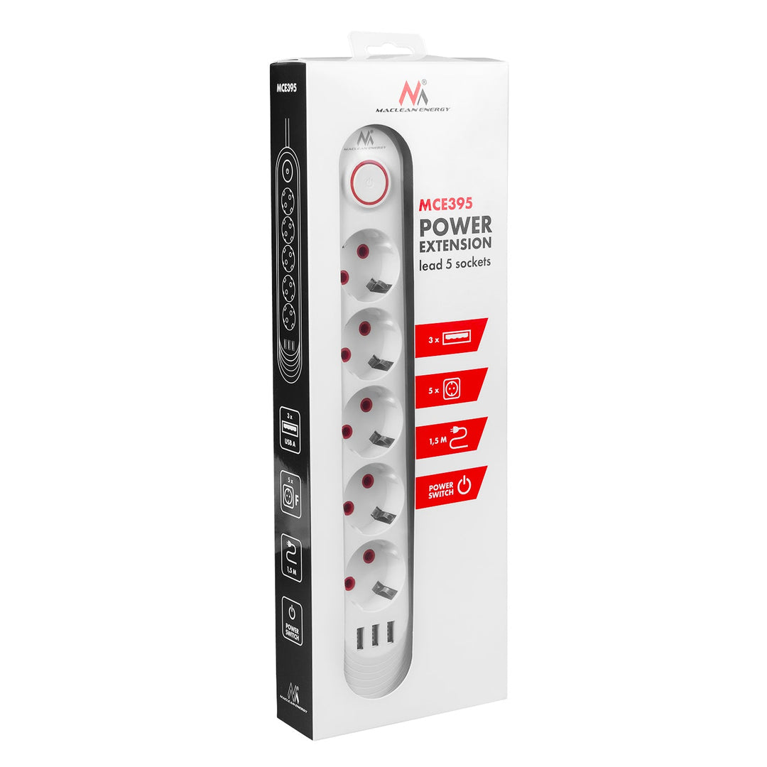 Maclean strømskinne, forlængerledning med 5 stik + 3xUSB, 110-240V AC 50/60Hz, 2,1A max 2500W, 1,5m, hvid, MCE395 W