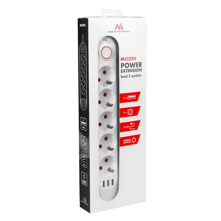 Maclean strømskinne, forlængerledning med 5 stik + 3xUSB, 110-240V AC 50/60Hz, 2,1A max 2500W, 1,5m, hvid, MCE395 W