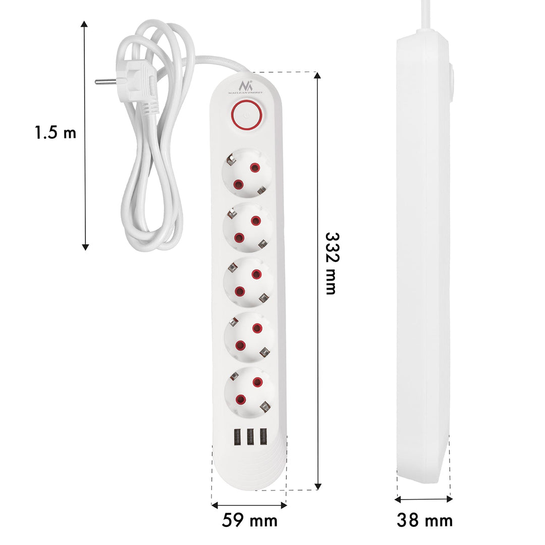 Maclean strømskinne, forlængerledning med 5 stik + 3xUSB, 110-240V AC 50/60Hz, 2,1A max 2500W, 1,5m, hvid, MCE395 W