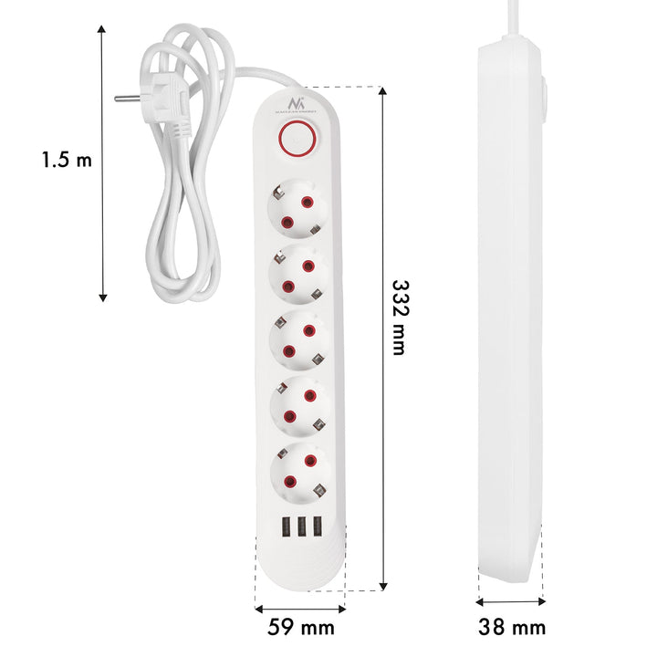 Maclean strømskinne, forlængerledning med 5 stik + 3xUSB, 110-240V AC 50/60Hz, 2,1A max 2500W, 1,5m, hvid, MCE395 W