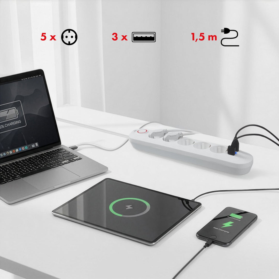 Maclean strømskinne, forlængerledning med 5 stik + 3xUSB, 110-240V AC 50/60Hz, 2,1A max 2500W, 1,5m, hvid, MCE395 W